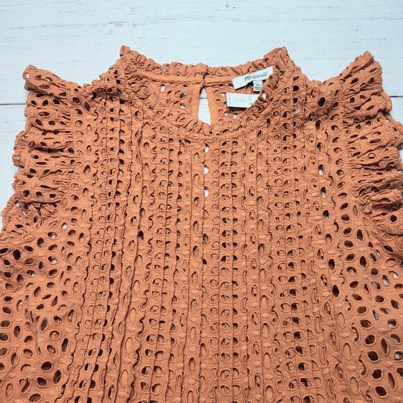 Madewell Eyelet Ruffle Sleeve Pintuck Mini Dress Mulled Cider Orange Layered XS - Picture 5 of 9